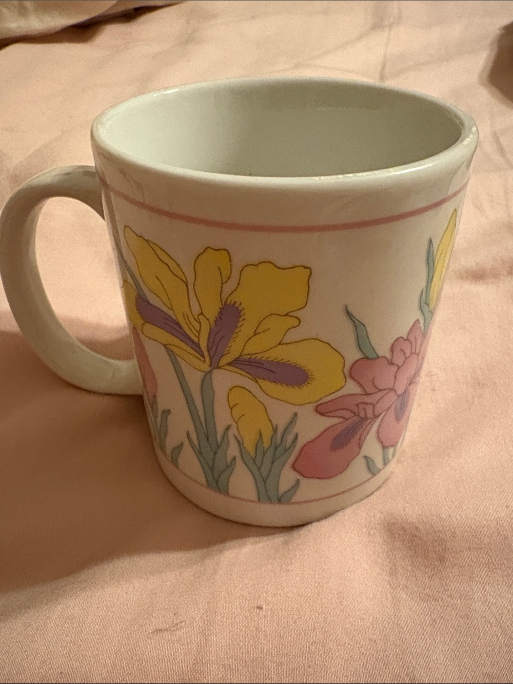 Floral Irises Ceramic Mug in Yellow and Pink